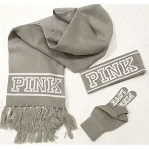 PINK By Victoria’s Secret Grey White Knit Headband Grove Scarf Set NWOT